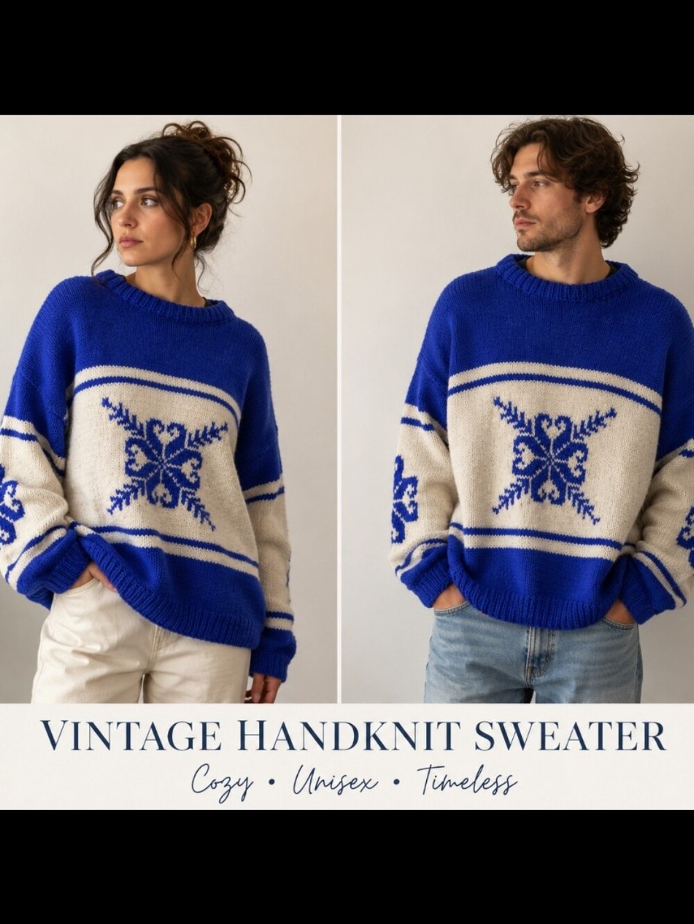 Vintage Hand Knit Blue & Cream Nordic Fair Isle Oversized Unisex Sweater Blue